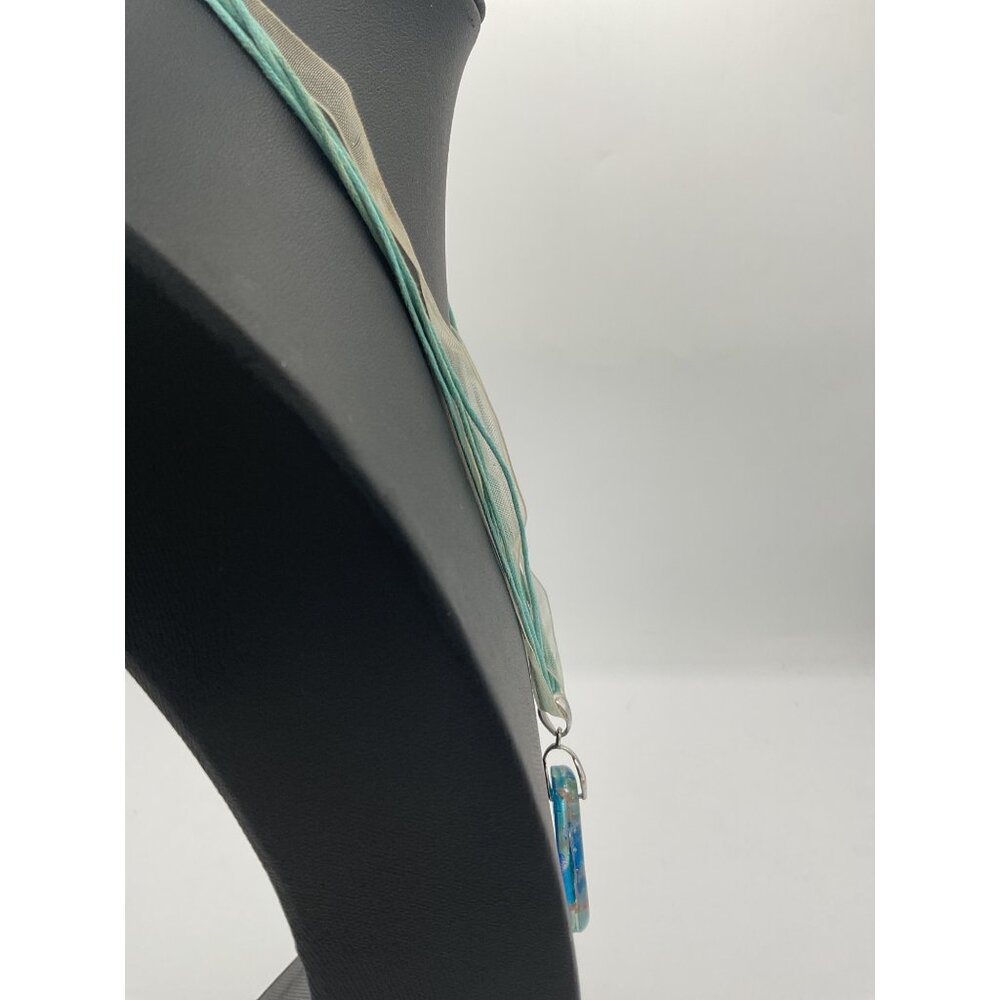 Blue Turquoise Glass Teardrop Pendant Necklace On Organza Ribbon Chain - Picture 2 of 4